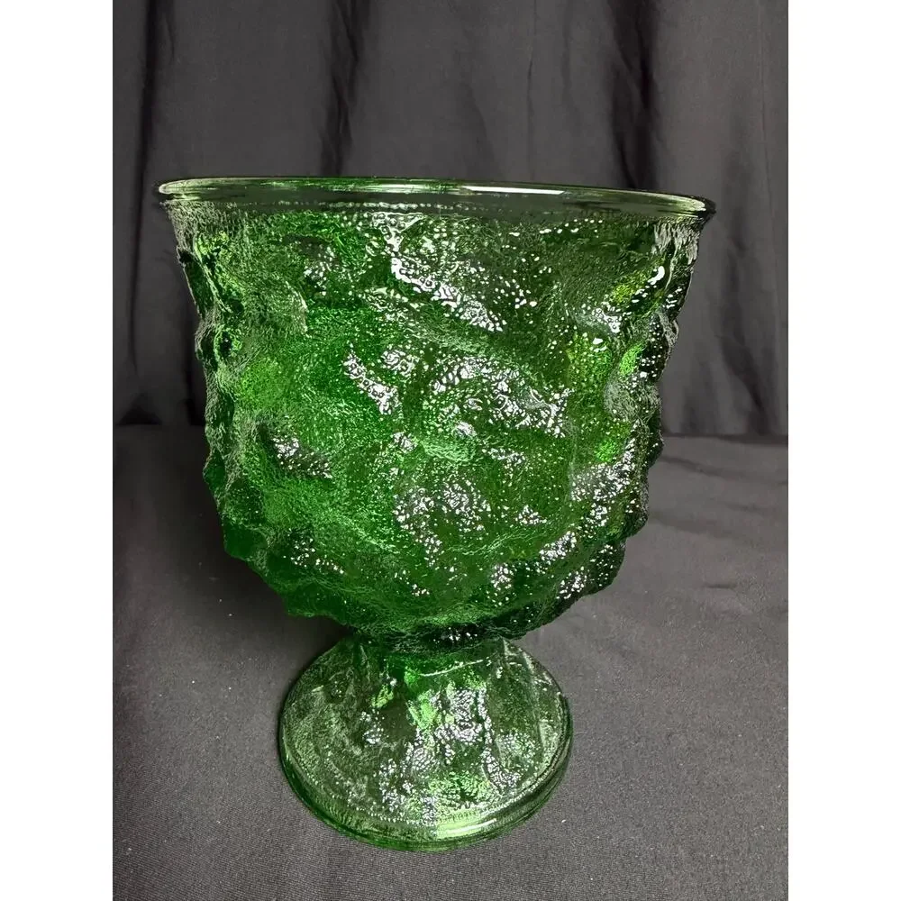Vintage Anchor Hocking Emerald Green Bark Glass Pedestal Vase Planter Urn 7